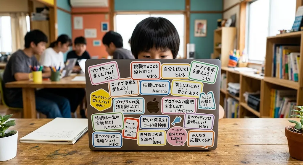 部員や支援者からの応援メッセージステッカーが貼られたノートパソコン